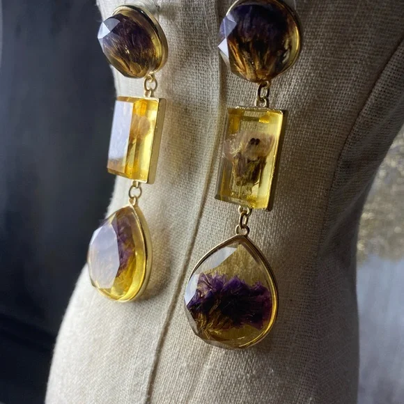 Elegant Gold and Purple Drop Earrings - Picture 3 of 4